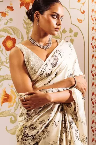 Off white floral satin designer saree