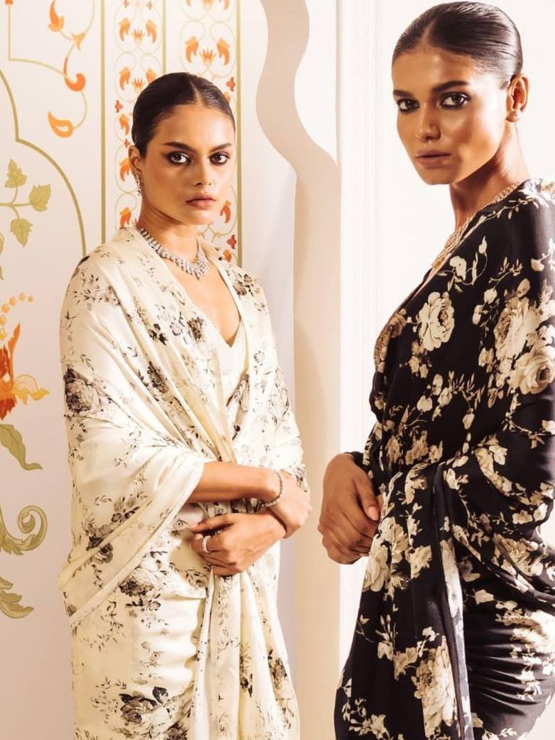 Off white floral satin designer saree