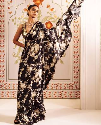 Black floral satin saree 1