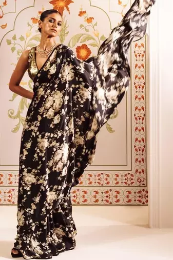 Black floral satin saree