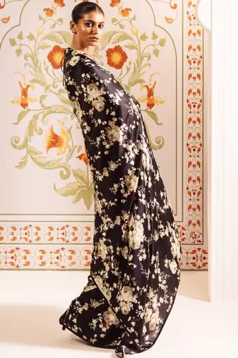 Black floral satin saree