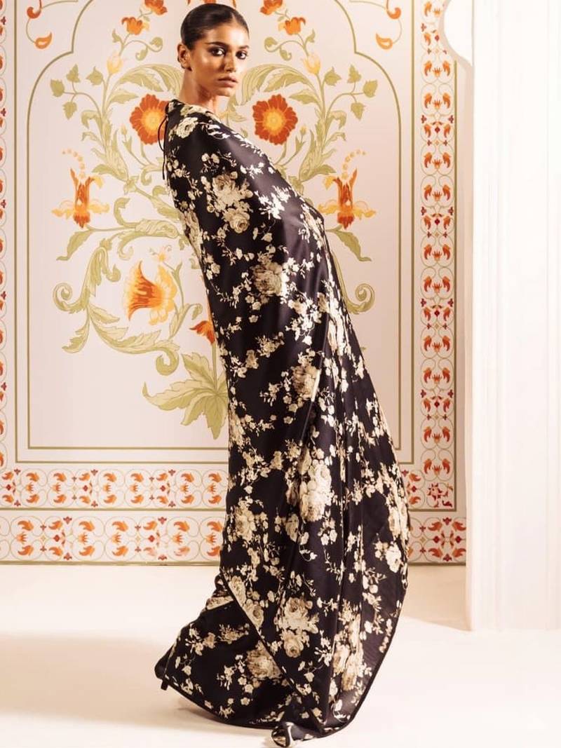 Black floral satin saree