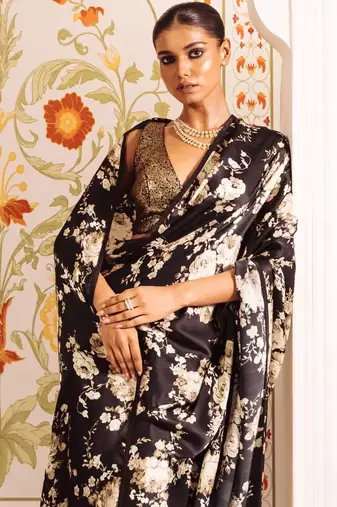 Black floral satin saree