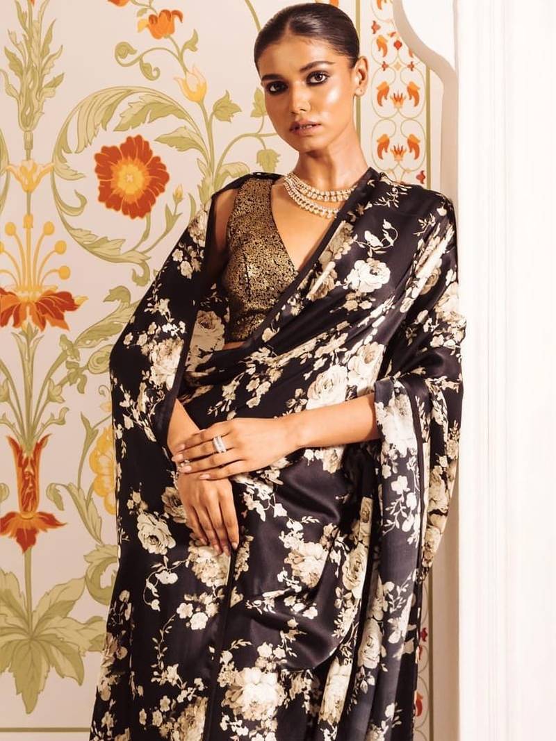 Black floral satin saree
