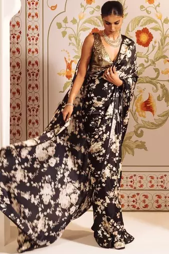 Black floral satin saree