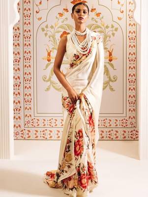 Off white floral satin designer saree 1