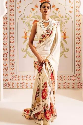 Off white floral satin designer saree