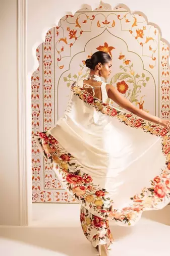 Off white floral satin designer saree
