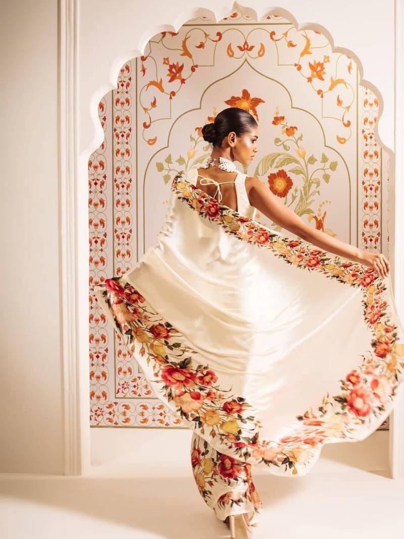 Off white floral satin designer saree