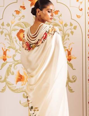 Off white floral satin designer saree 3