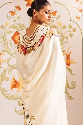 Off white floral satin designer saree
