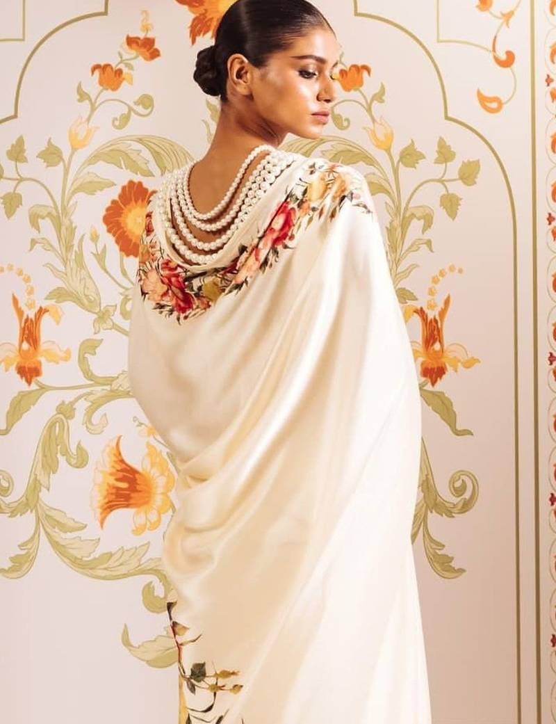 Off white floral satin designer saree