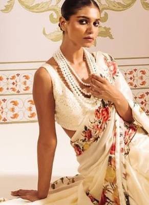 Off white floral satin designer saree 4