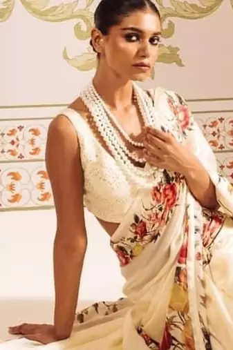 Off white floral satin designer saree