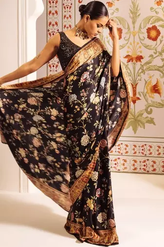 Black floral satin designer block print saree