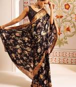 Black floral satin designer block print saree