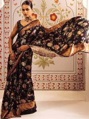 Black floral satin designer block print saree 2