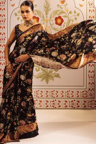 Black floral satin designer block print saree