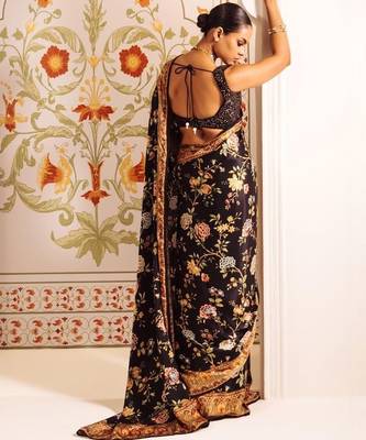 Black floral satin designer block print saree 3