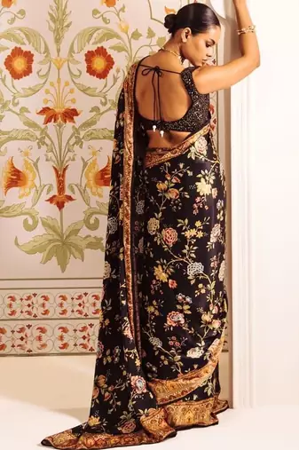 Black floral satin designer block print saree
