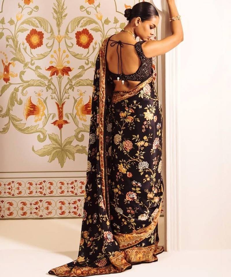 Black floral satin designer block print saree