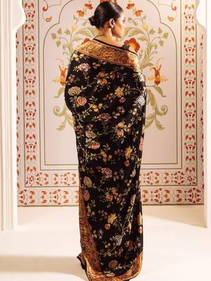 Black floral satin designer block print saree 4