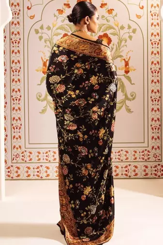Black floral satin designer block print saree