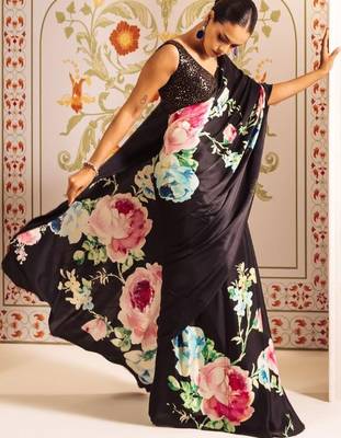 Black floral satin block print saree 1