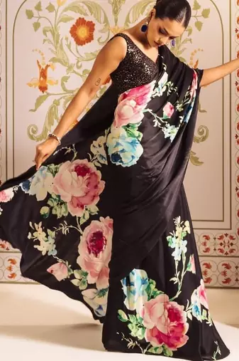 Black floral satin block print saree