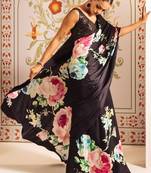 Black floral satin block print saree