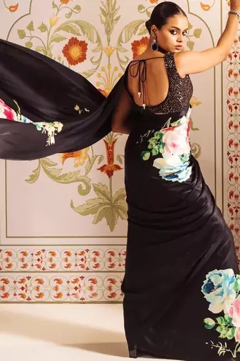 Black floral satin block print saree