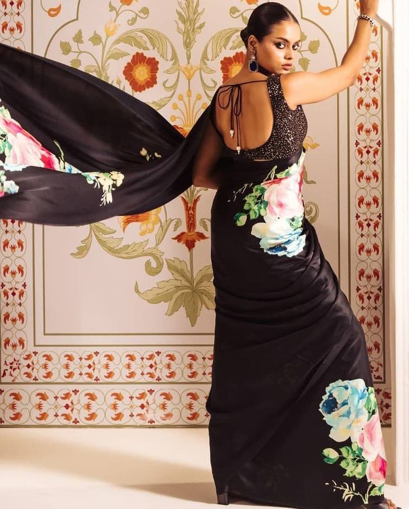 Black floral satin block print saree