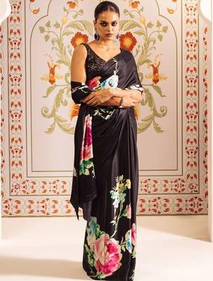 Black floral satin block print saree 3
