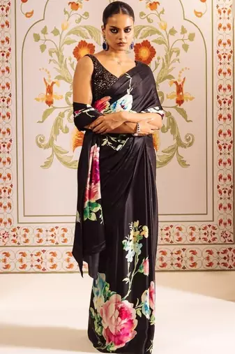 Black floral satin block print saree