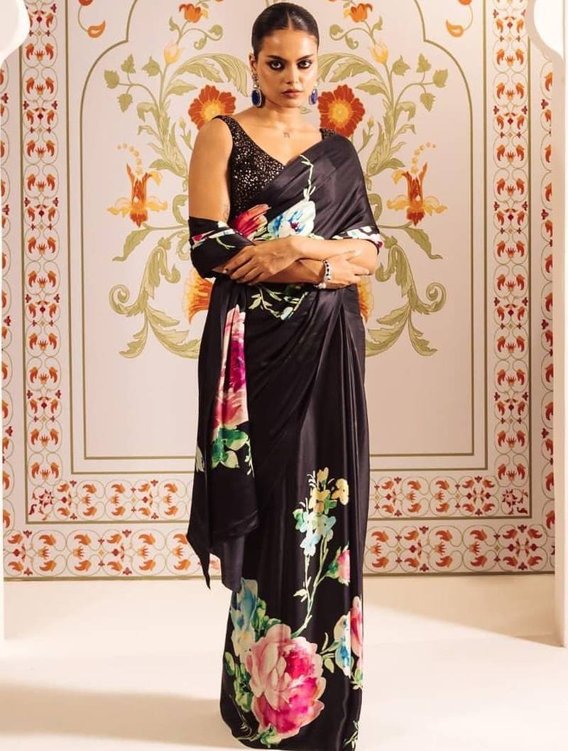 Black floral satin block print saree