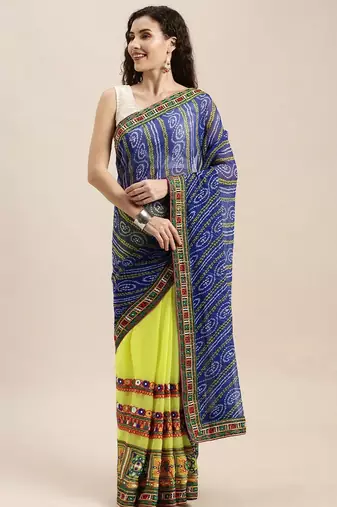 Yellow bandhani embroidered pure georgette bandhani saree