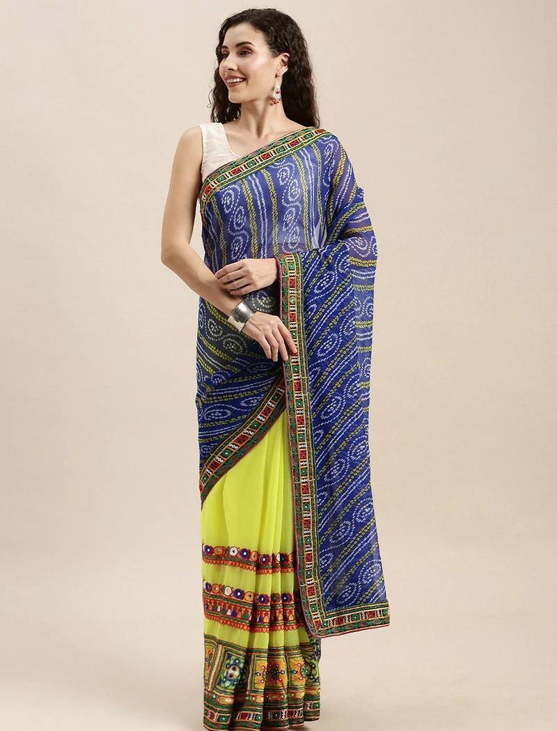 Yellow bandhani embroidered pure georgette bandhani saree
