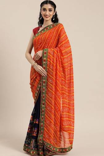 Orange printed  embroidered pure georgette bandhani saree