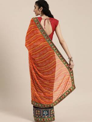 Orange printed  embroidered pure georgette bandhani saree 2