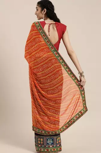 Orange printed  embroidered pure georgette bandhani saree