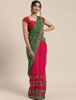 Green embroidered pure georgette bandhani saree 1