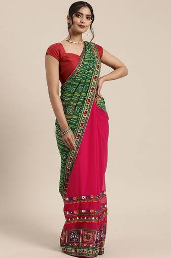Green embroidered pure georgette bandhani saree