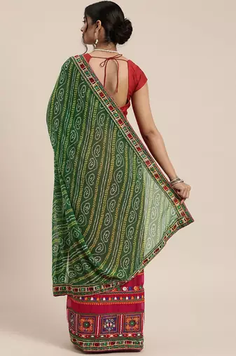 Green embroidered pure georgette bandhani saree