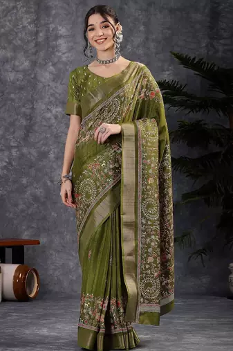 Green kalamkari block print saree