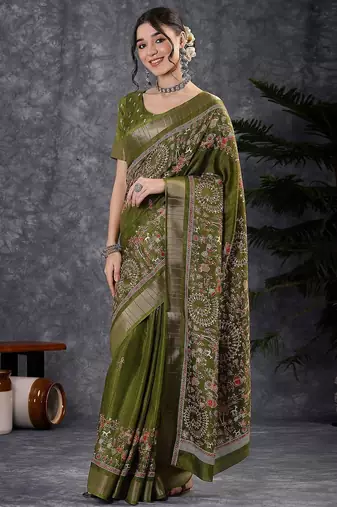 Green kalamkari block print saree
