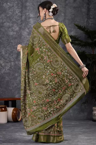 Green kalamkari block print saree