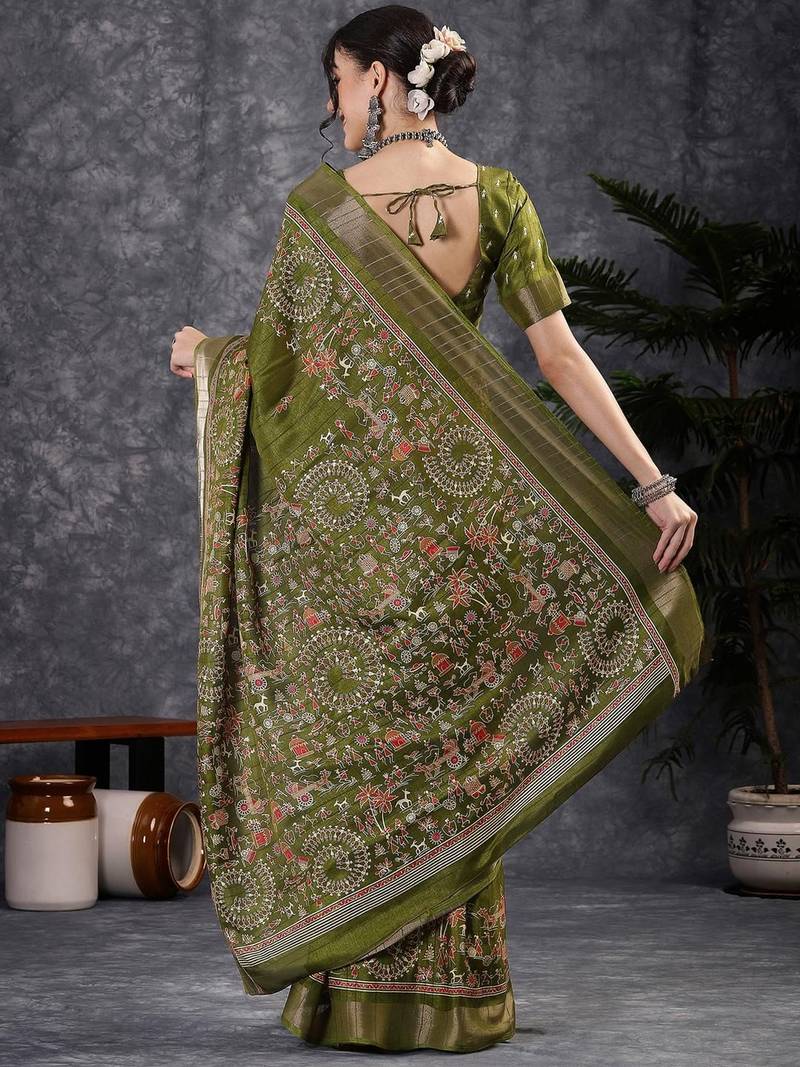 Green kalamkari block print saree