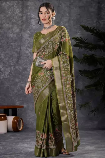 Green kalamkari block print saree