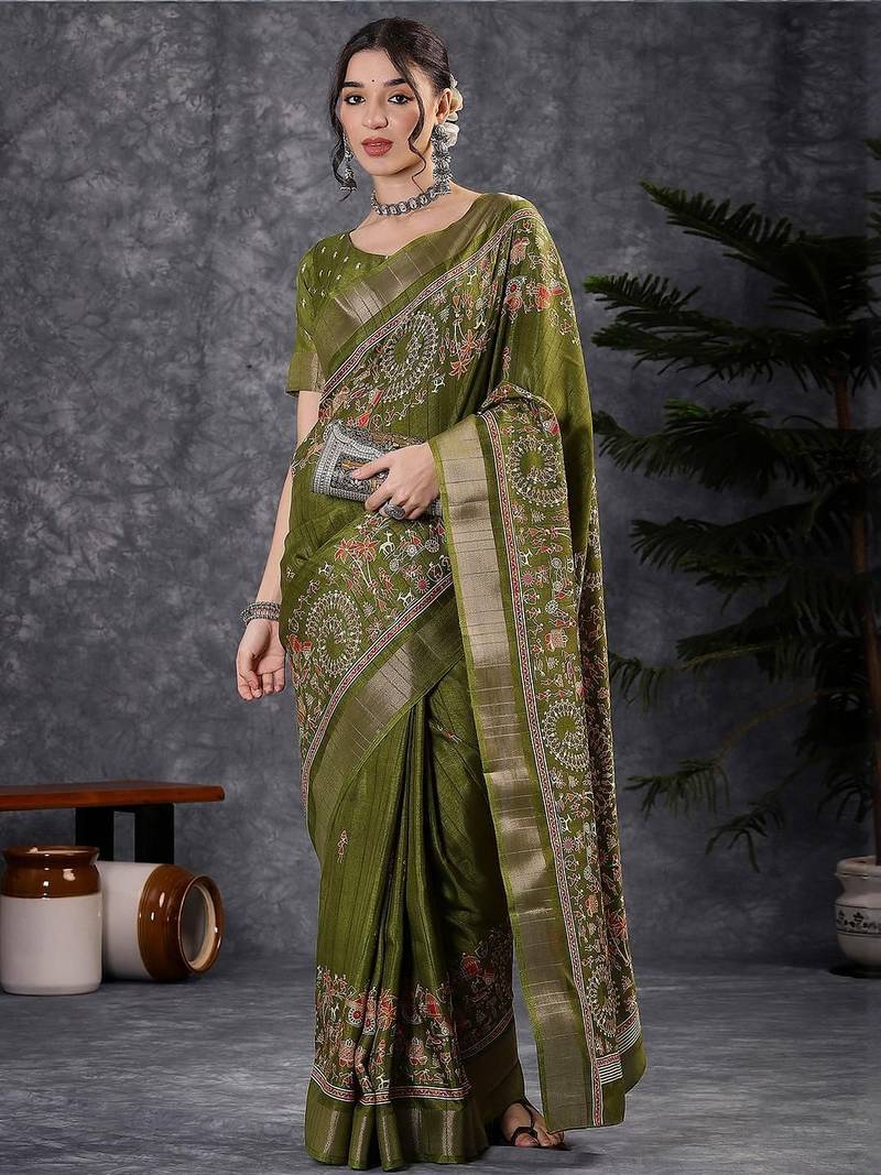 Green kalamkari block print saree