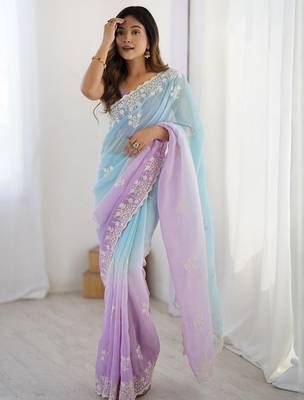 Blue floral embellished thread work saree with blouse 1